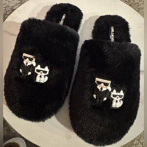 Karl Lagerfeld Black Furry Slippers